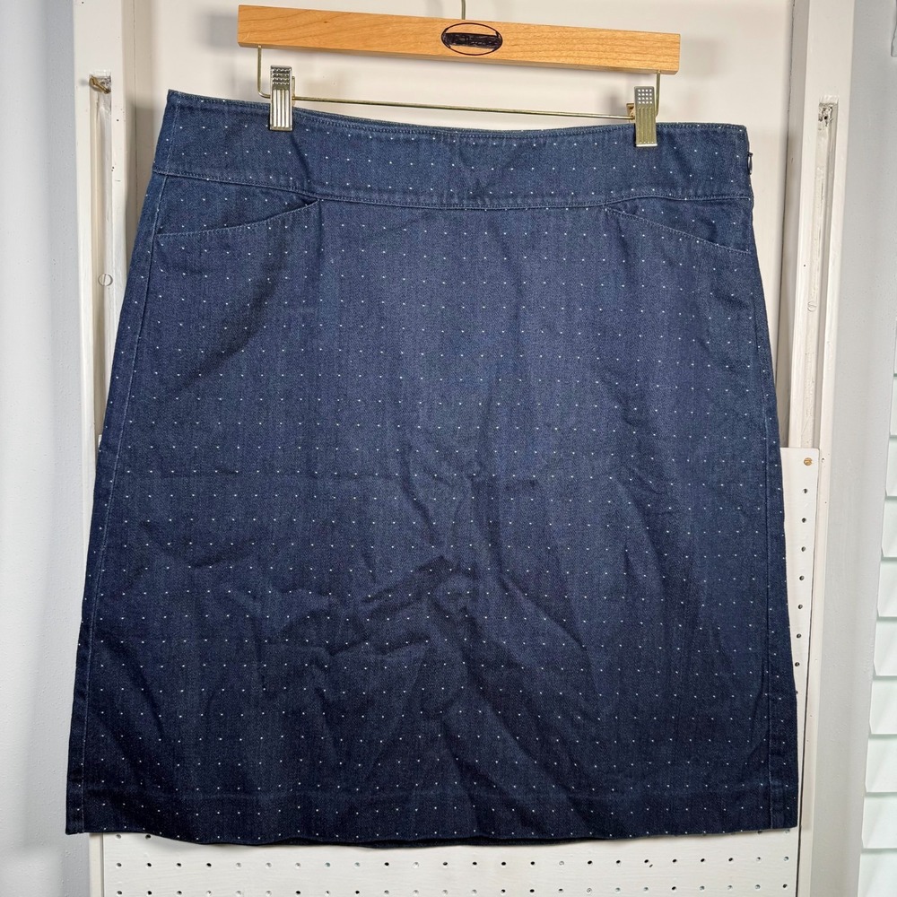 Talbots Pencil Skirt Women's Blue Denim Polka Dot Pockets Zipper Classic - 16